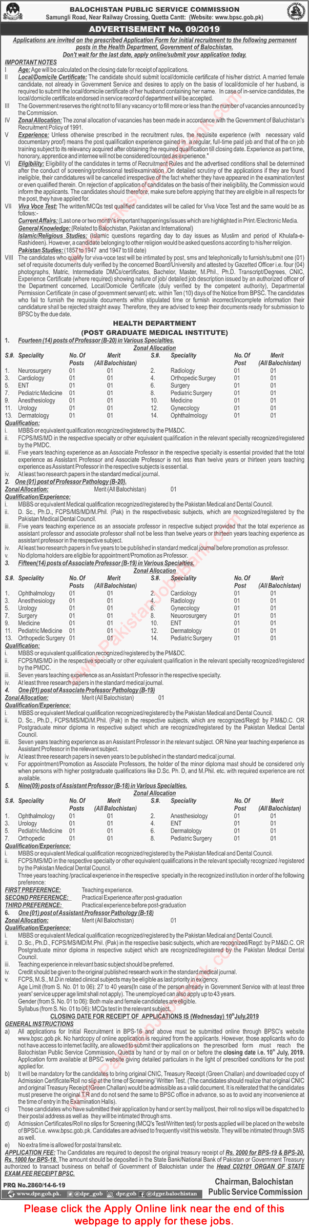 Health Department Balochistan Jobs June 2019 BPSC Apply Online Teaching Faculty Post Graduate Medical Institute Latest