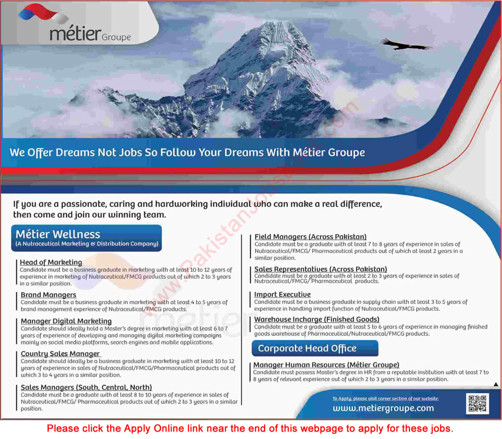 Metier Group Pakistan Jobs 2019 June Apply Online Sales Representatives, Field Managers & Other Latest