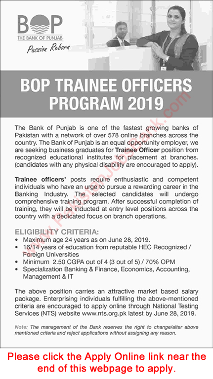 Bank of Punjab Jobs June 2019 Trainee Officers Program NTS Online Application Form BOP Latest
