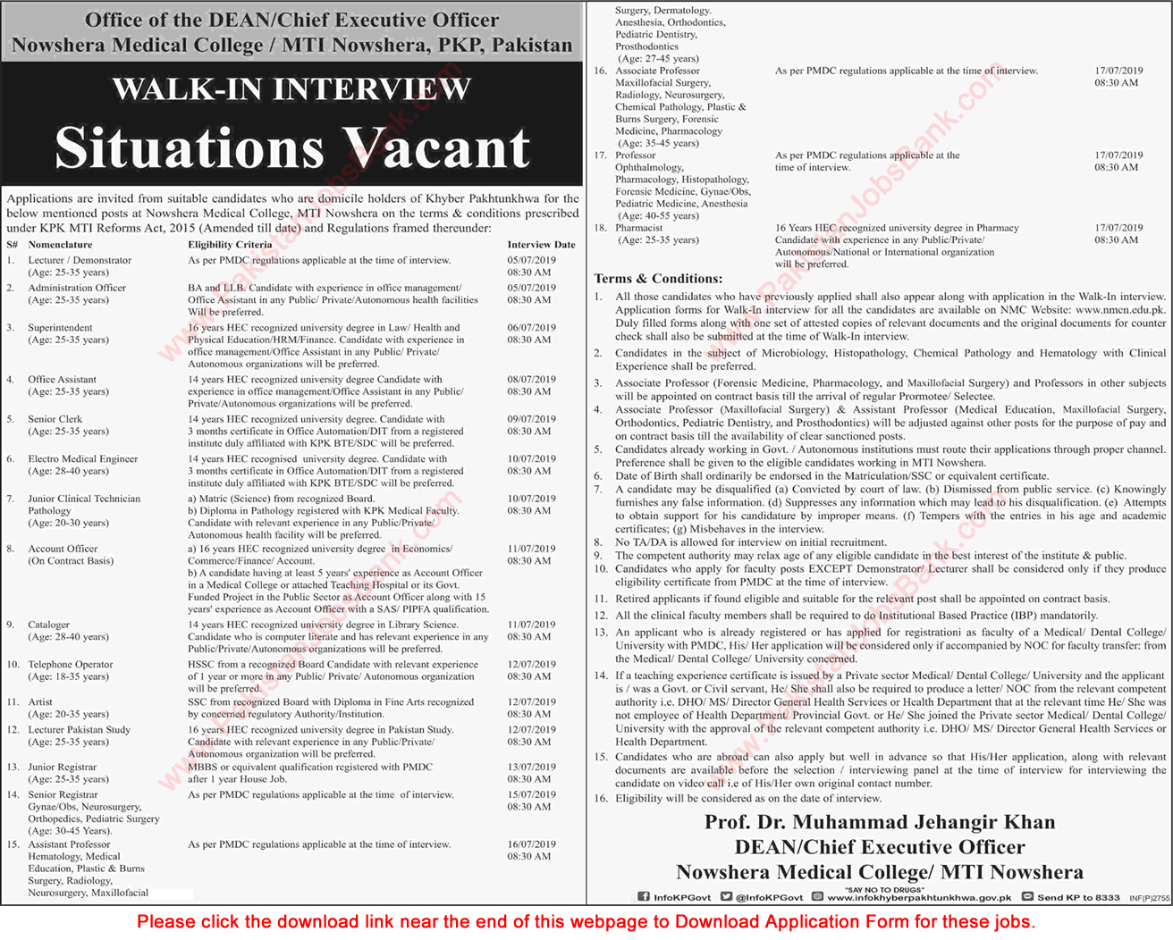 Nowshera Medical College Jobs June 2019 MTI Application Form Walk in Interviews Latest