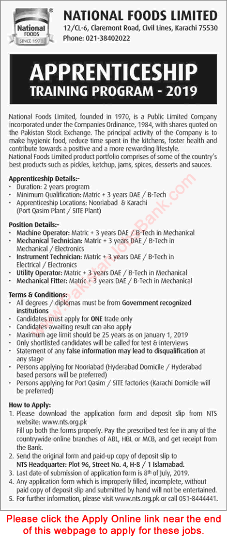 National Foods Limited Karachi Apprenticeship Training Program 2019 June NTS Application Form Latest