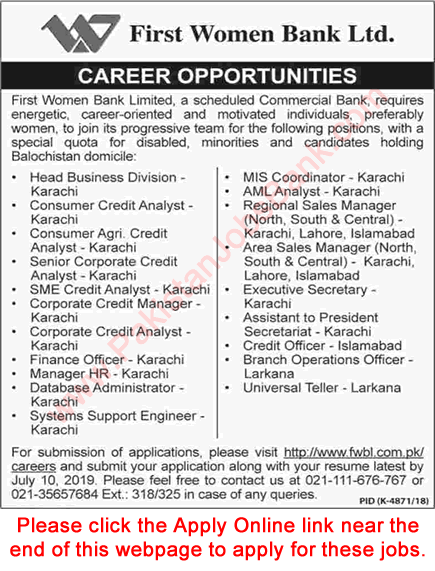 First Women Bank Limited Jobs June 2019 July Apply Online Universal Tellers, Sales Managers & Others FWBL Latest