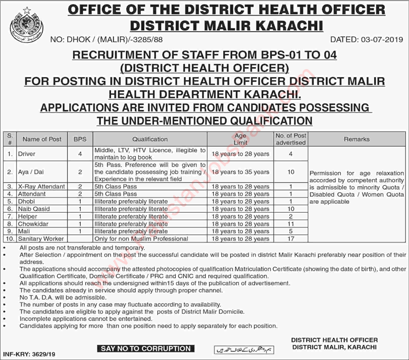 Health Department Karachi Jobs 2019 July Sanitary Workers, Naib Qasid, Chowkidar & Others Latest