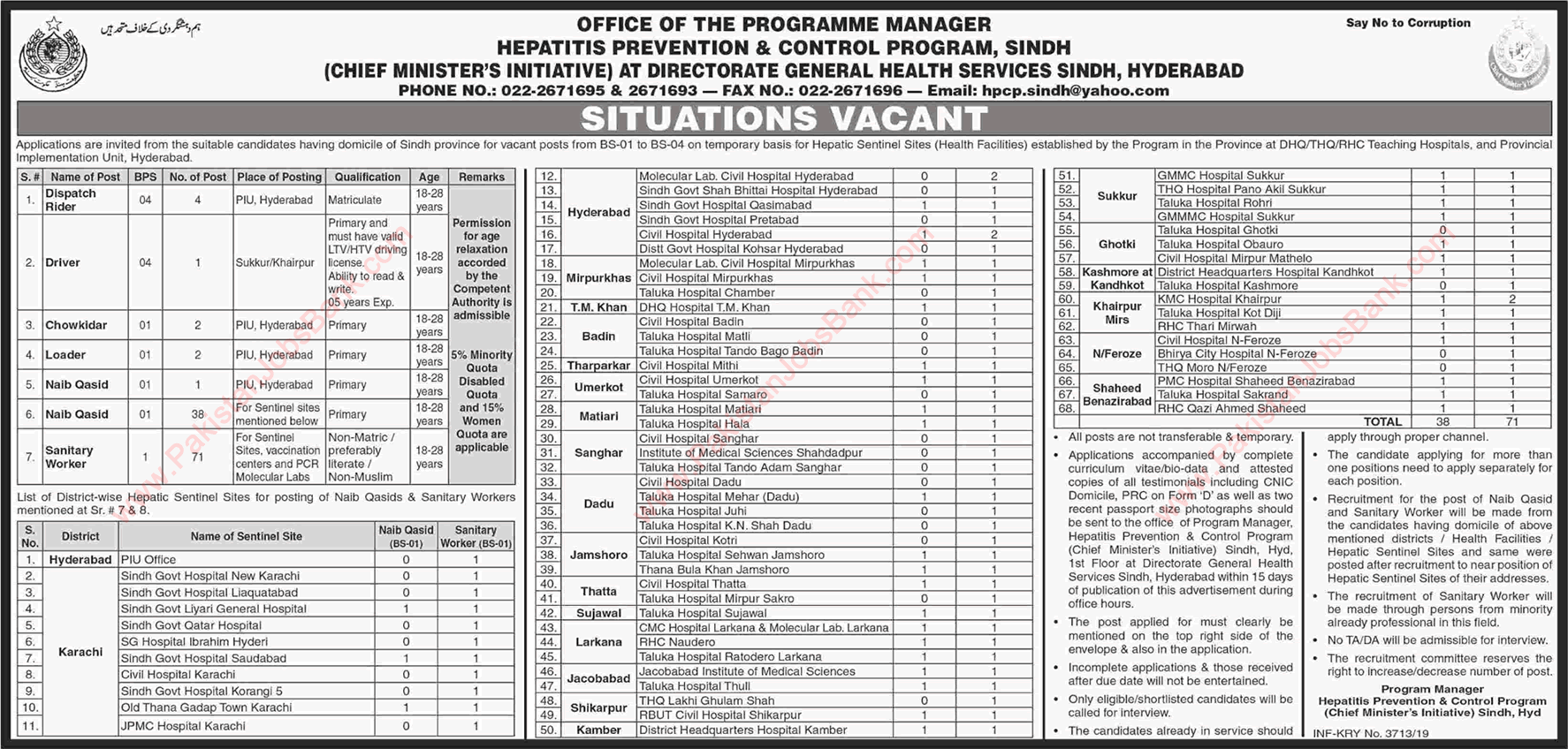 Health Department Sindh Jobs July 2019 Hepatitis Prevention and Control Program Latest