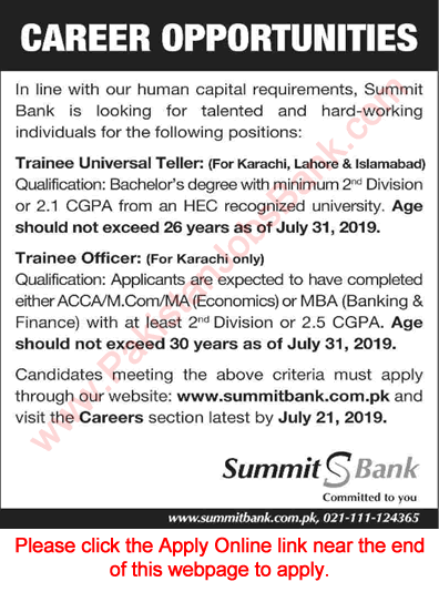 Summit Bank Jobs July 2019 Apply Online Trainee Officer & Universal Tellers Latest