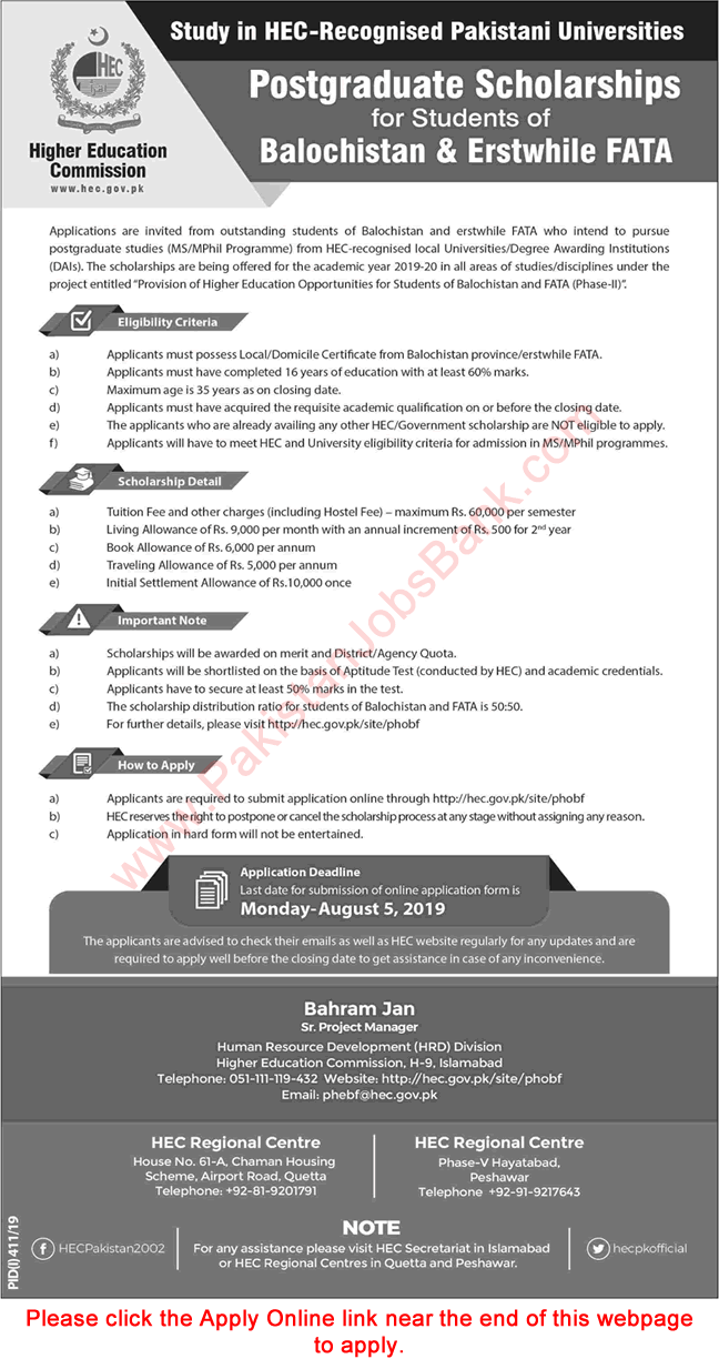 HEC Postgraduate Scholarships 2019 July for Student of Balochistan & FATA Apply Online Latest
