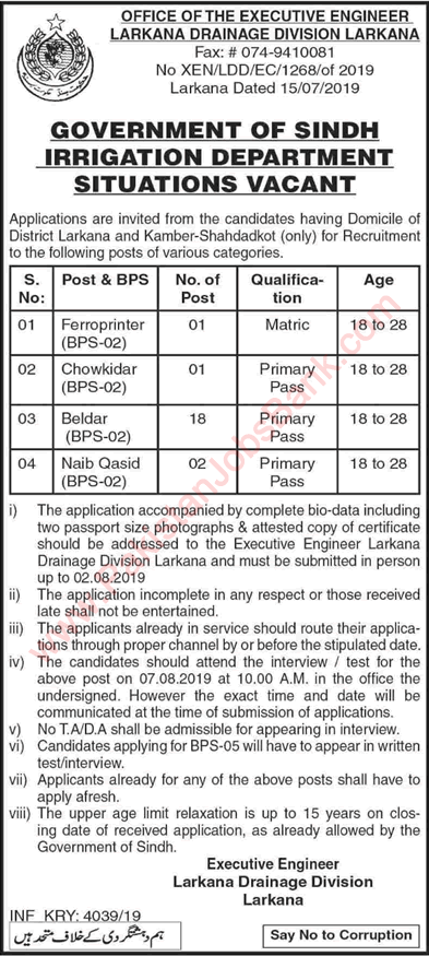 Irrigation Department Sindh Jobs July 2019 Larkana Drainage Division Baildar & Others Latest