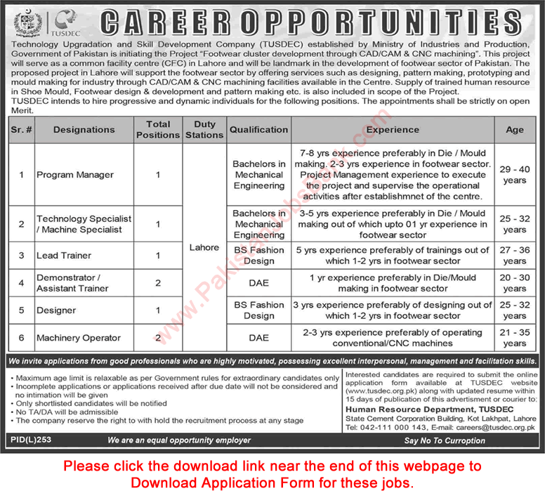 TUSDEC Jobs July 2019 August Application Form Machinery Operators, Trainers & Others Latest