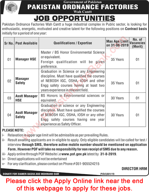 Pakistan Ordnance Factories Wah Cantt Jobs August 2019 Apply Online Assistant / Managers Latest