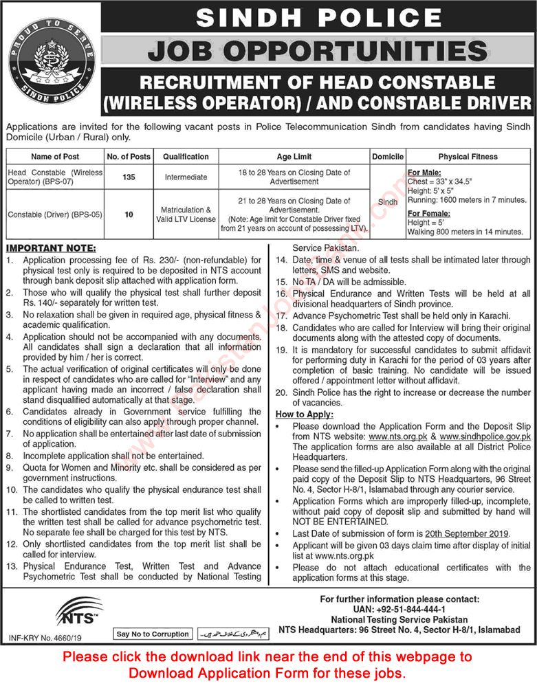 Sindh Police Jobs August 2019 Head Constables & Drivers NTS Application Form Latest