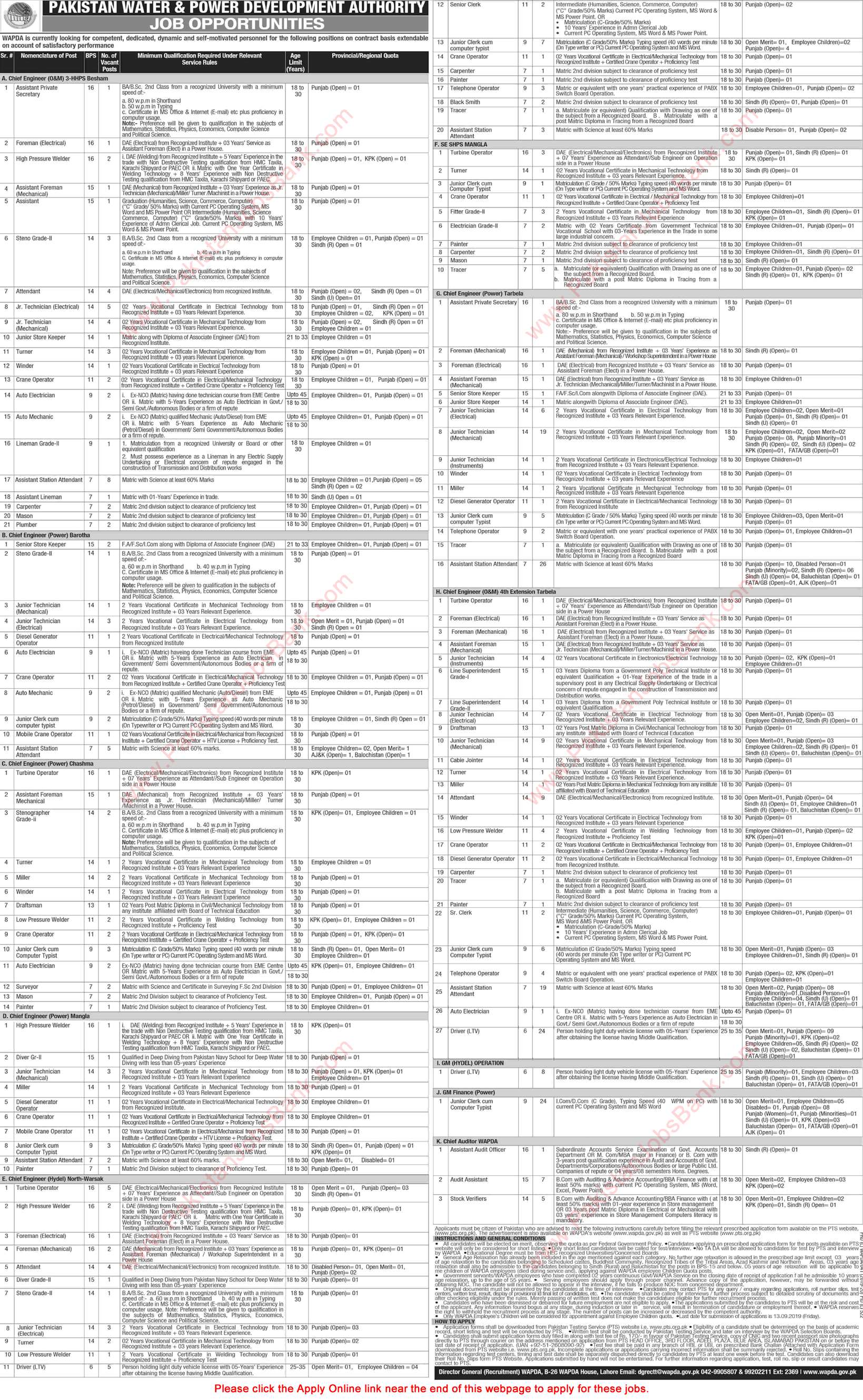 WAPDA Jobs August 2019 PTS Online Apply Station Attendants, Clerks, Technicians & Others Latest