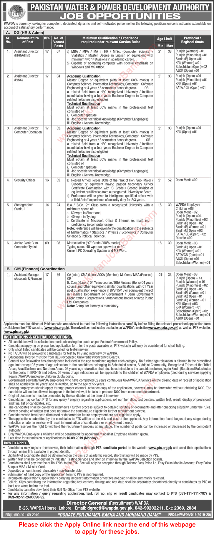 WAPDA Jobs September 2019 PTS Online Application Form Stenographers, Clerks & Others Latest