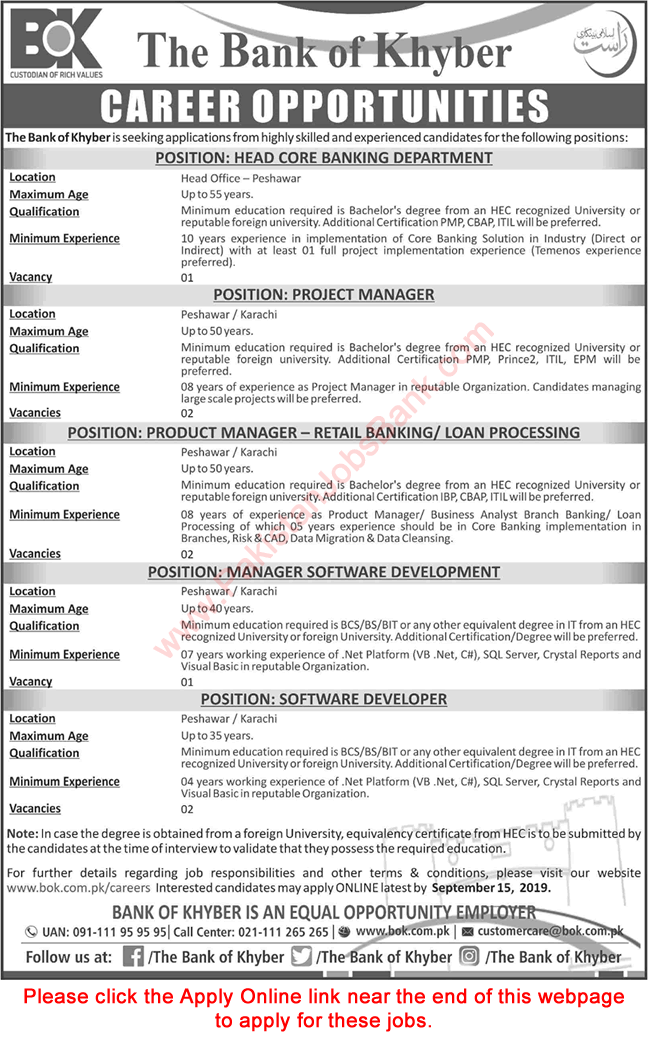 Bank of Khyber Jobs September 2019 Apply Online Software Developers & Others BOK Latest