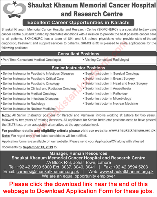 Shaukat Khanum Hospital Karachi Jobs September 2019 Application Form Medical Consultants & Instructors Latest