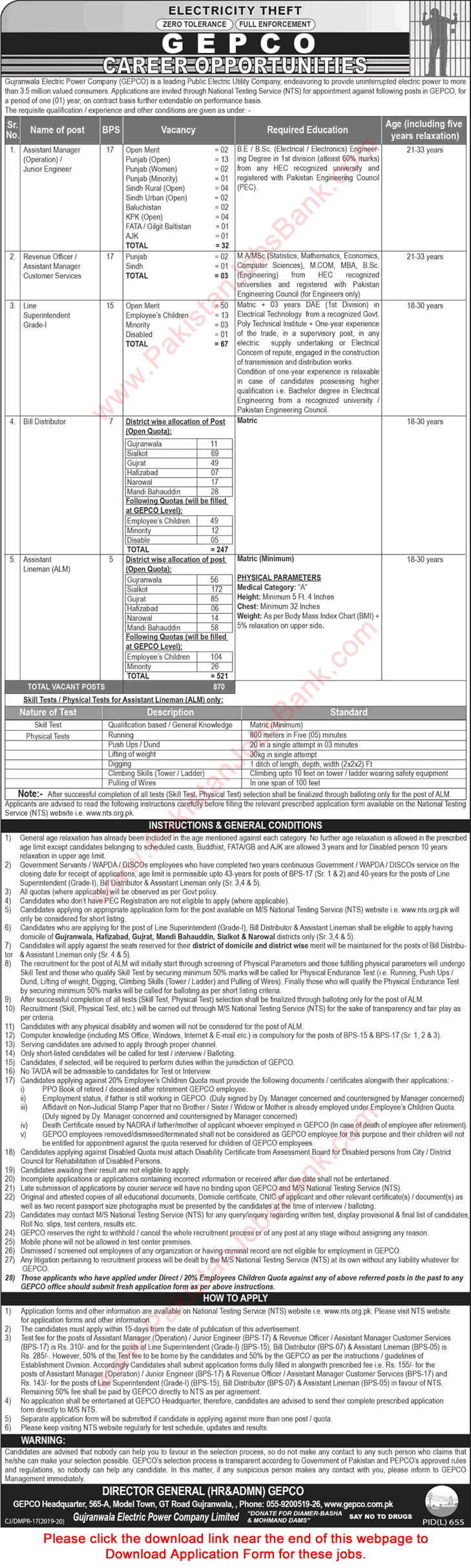 GEPCO Jobs September 2019 WAPDA NTS Application Form Assistant Lineman, Bill Distributors & Others Latest