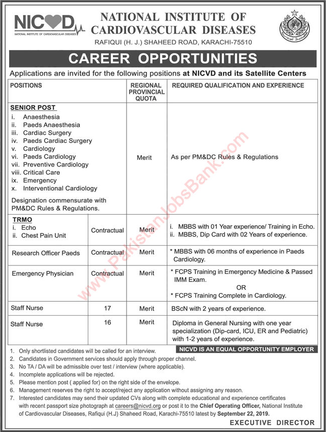 NICVD Jobs September 2019 Specialist Doctors, Nurses & Others National Institute of Cardiovascular Diseases Latest