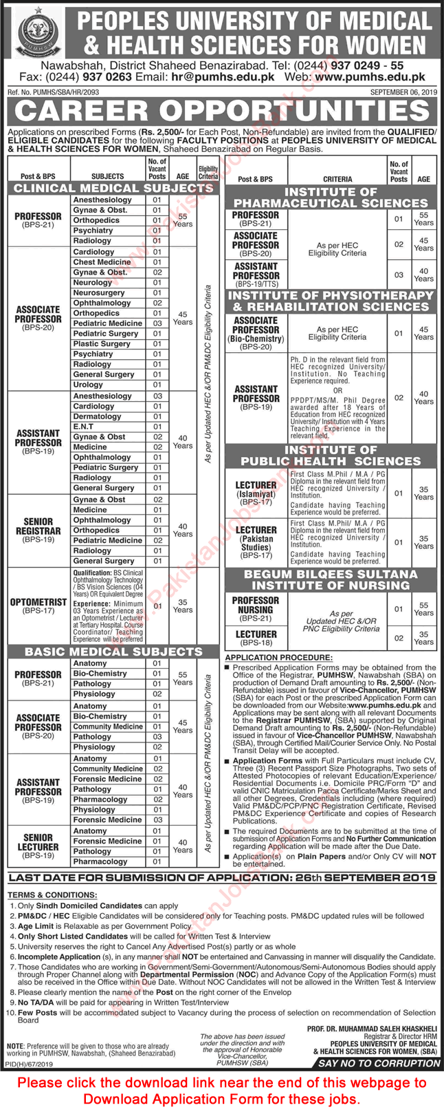 PUMHS Nawabshah Jobs September 2019 Application Form Peoples University of Medical Health Sciences for Women Latest