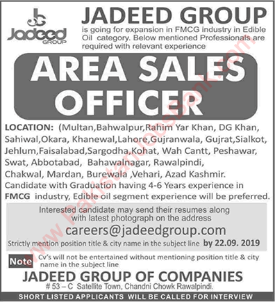 Area Sales Officer Jobs in Jadeed Group of Companies September 2019 Latest