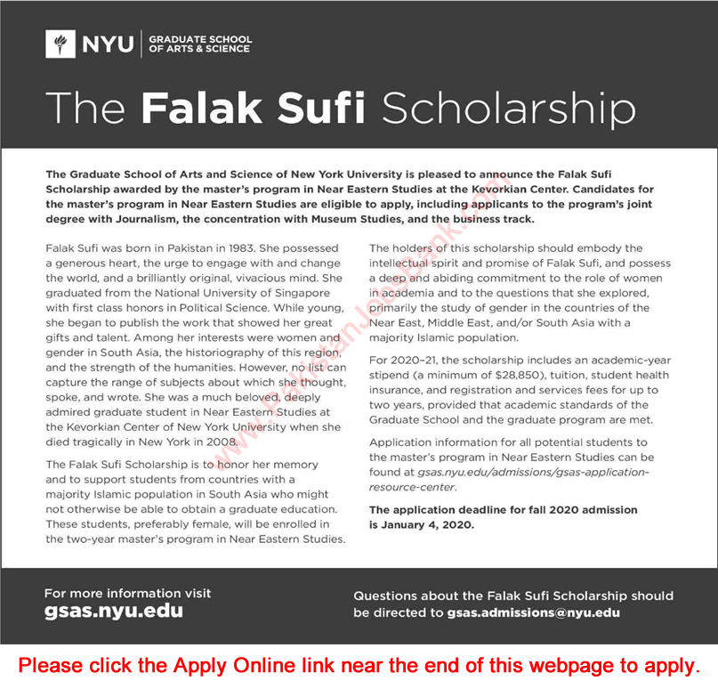Falak Sufi Scholarships 2019 September for Master's Program Apply Online Latest