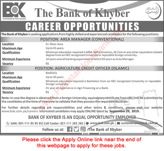 Bank of Khyber Jobs September 2019 Apply Online Area Manager & Agriculture Credit Officer Latest