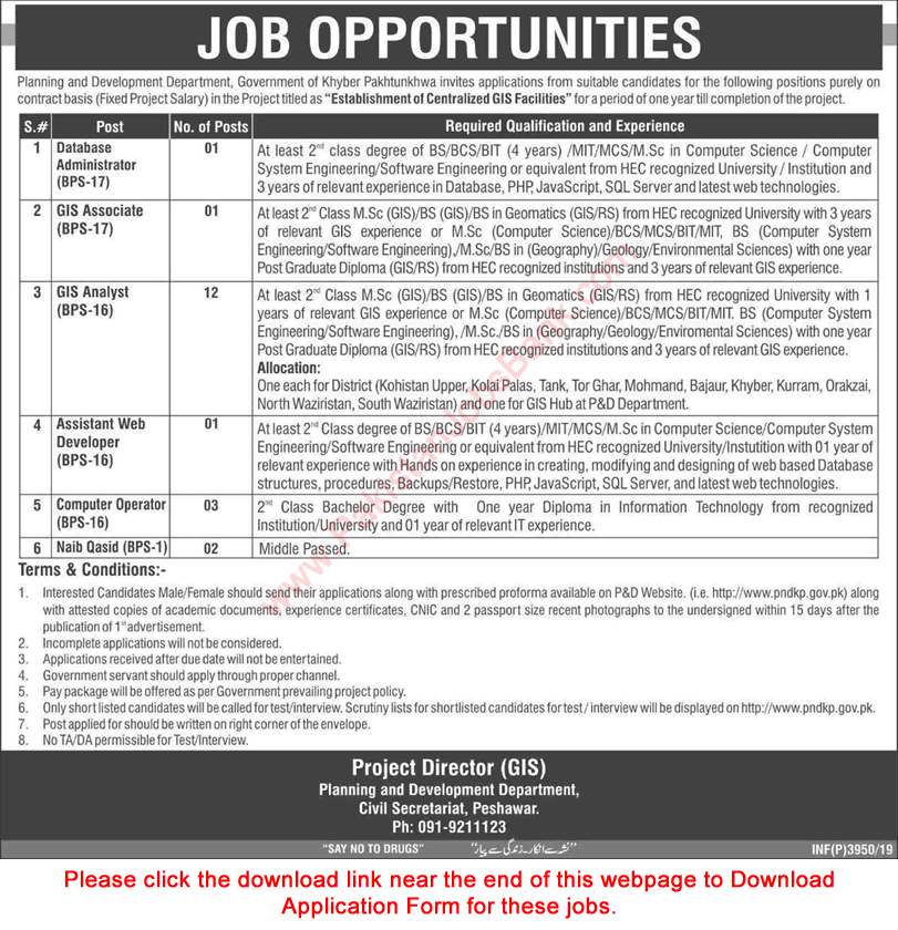 Planning and Development Department KPK Jobs 2019 September Application Form GIS Analyst & Others Latest