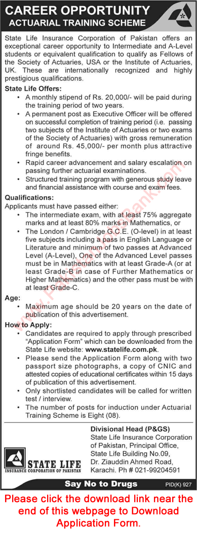 State Life Actuarial Training Scheme 2019 September Application Form for Intermediate & A-Level Students Latest