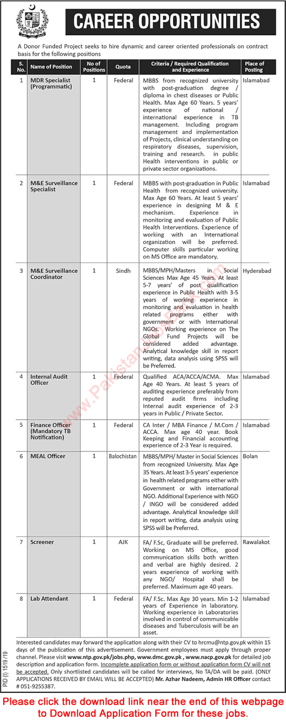 National TB Control Program Jobs September 2019 Application Form Download Latest