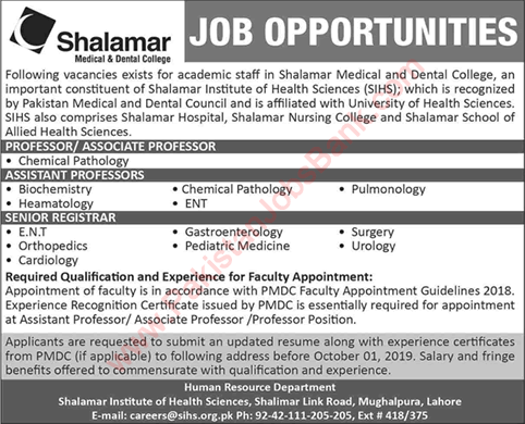 Shalamar Medical and Dental College Lahore Jobs September 2019 Teaching Faculty Latest