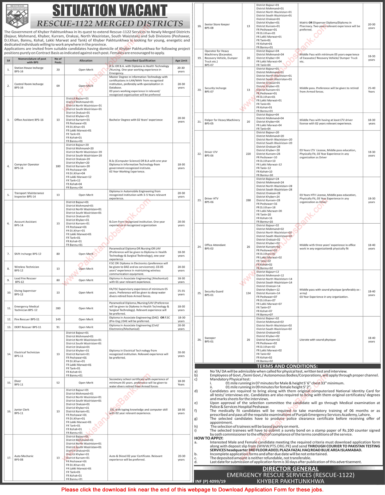 Rescue 1122 KPK Jobs September 2019 PTS Application Form Drivers, Emergency Medical Technicians & Others Latest