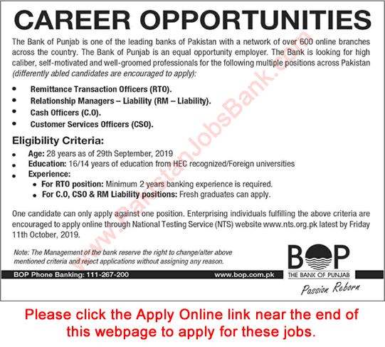 Bank of Punjab Jobs September 2019 NTS Apply Online Cash Officers, Customer Services Officers & Others BOP Latest