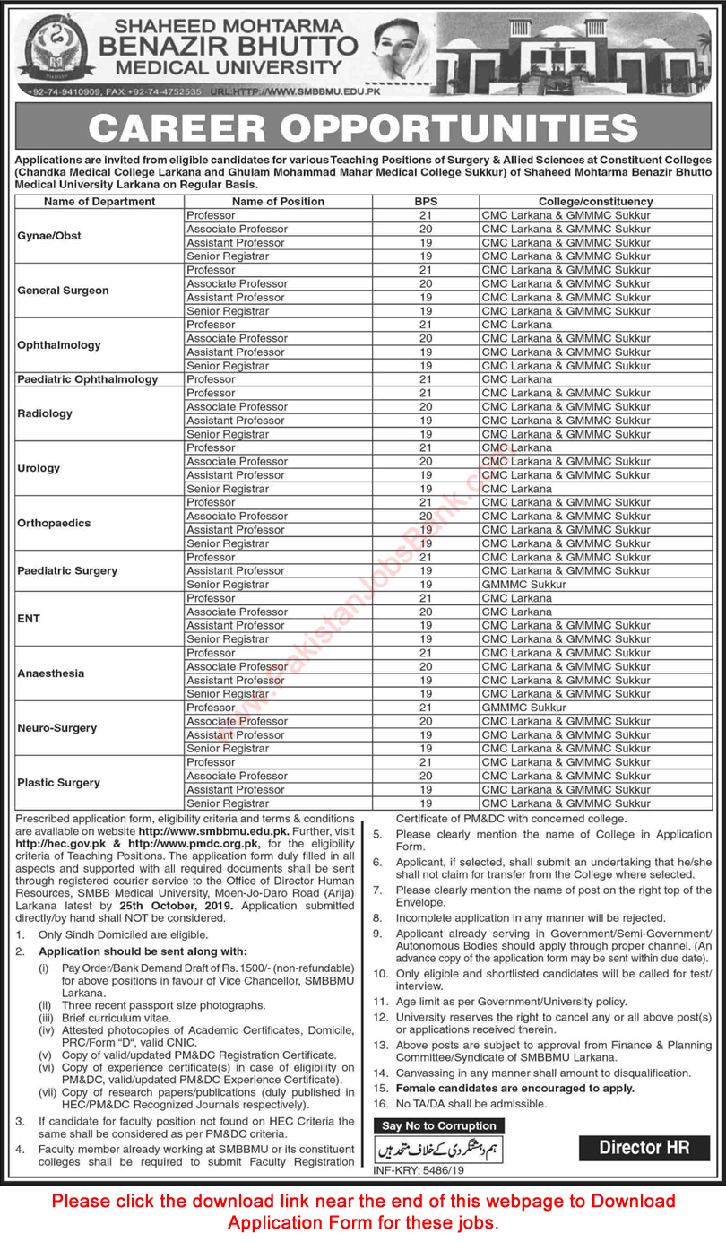 SMBB Medical University Larkana Jobs 2019 October Application Form Teaching Faculty at CMC & GMMMC Latest