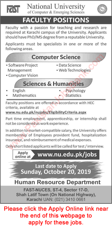 FAST National University Karachi Jobs October 2019 Apply Online Teaching Faculty Latest