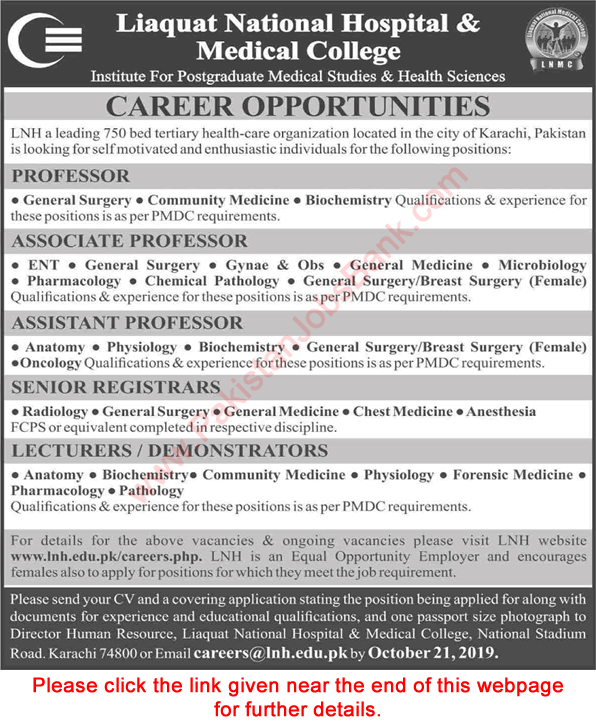 Liaquat National Hospital Karachi Jobs October 2019 Teaching Faculty LNH&MC Latest