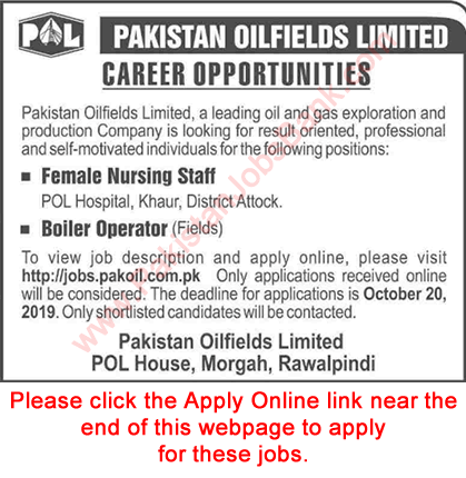Pakistan Oilfields Limited Jobs October 2019 Apply Online Nursing Staff & Boiler Operators POL Latest