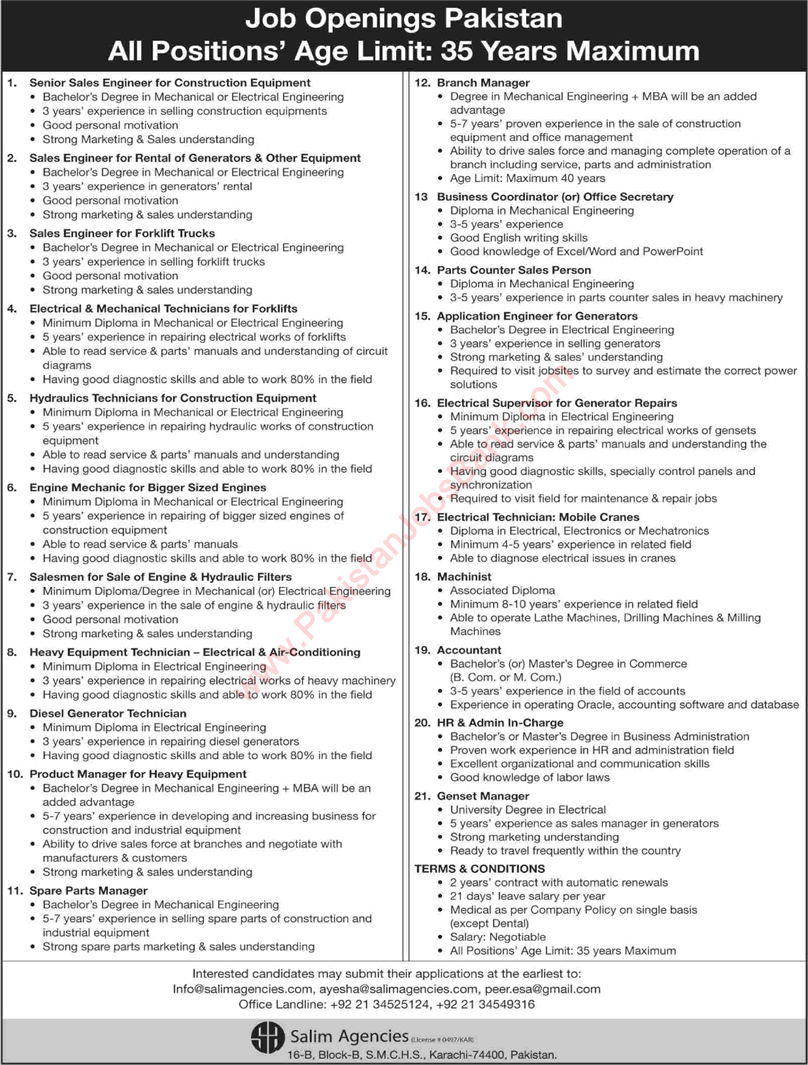 Salim Agencies Karachi Jobs 2019 October Sales Engineers, Technicians & Others Latest