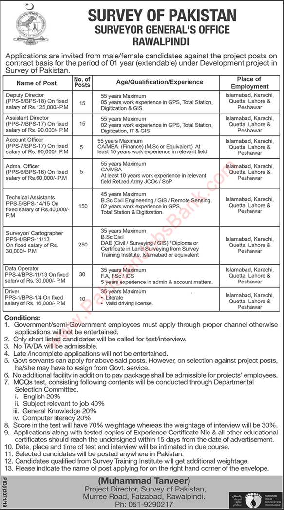 Survey of Pakistan Jobs October 2019 Surveyors, Technical Assistants & Others Latest
