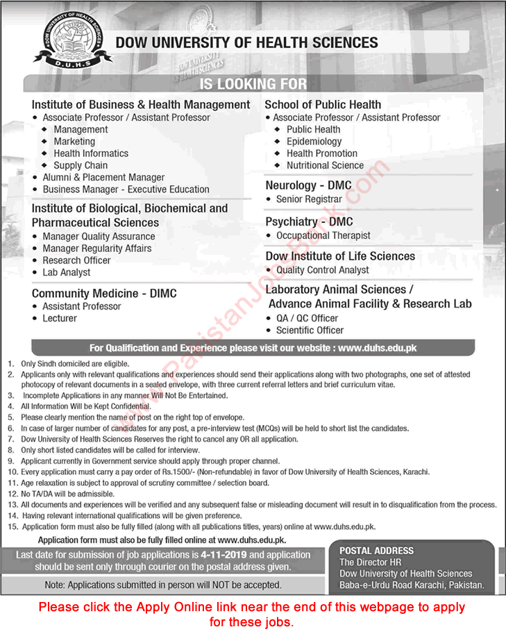 Dow University Health Sciences Karachi Jobs October 2019 Apply Online Teaching Faculty & Others Latest