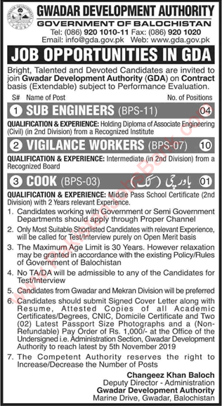 Gwadar Development Authority Jobs 2019 October Vigilance Workers, Sub / Civil Engineers & Cook Latest