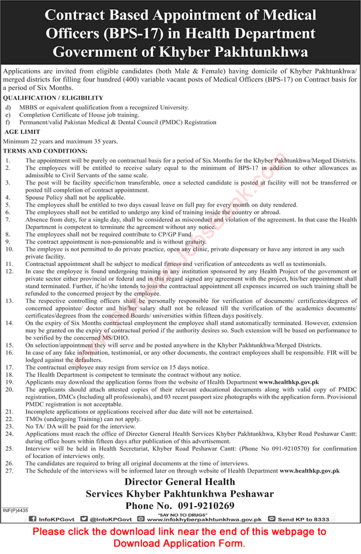 Medical Officer Jobs in Health Department KPK October 2019 November Application Form Download Latest