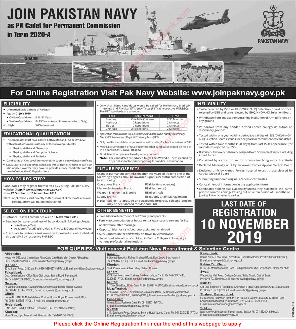 Join Pakistan Navy as PN Cadet October 2019 November Online Registration for Permanent Commission in Term 2020-A Latest