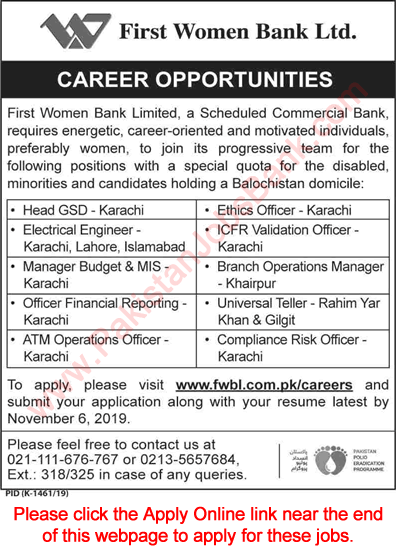 First Women Bank Limited Jobs October 2019 November Online Apply FWBL Latest