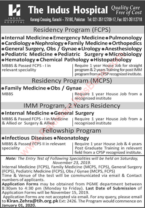 Indus Hospital Jobs October 2019 November Residency & Fellowship Programs Latest