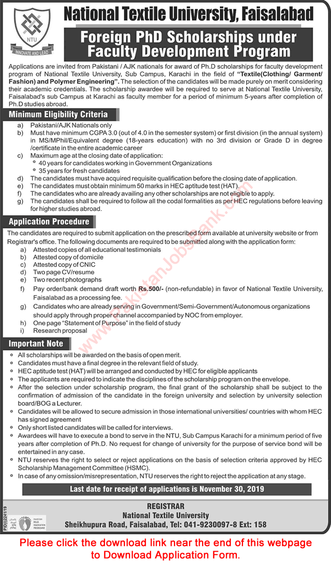 National Textile University Faisalabad Foreign PhD Scholarships 2019 October / November Application Form Faculty Development Program Latest