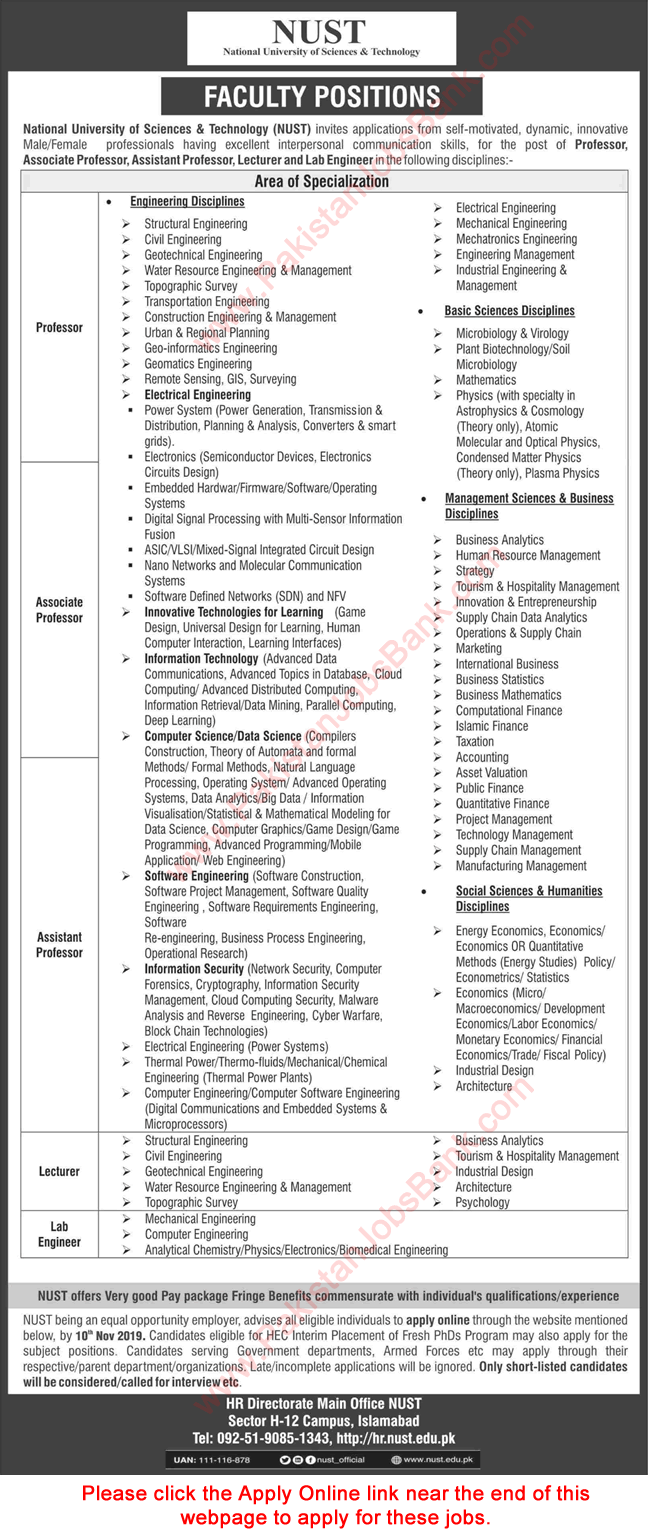 NUST University Islamabad Jobs October 2019 November Apply Online Teaching Faculty & Lab Engineers Latest