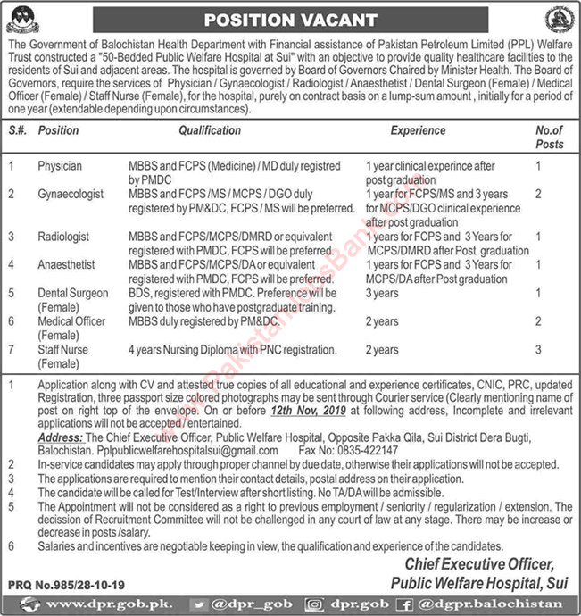 Health Department Balochistan Jobs October 2019 Public Welfare Hospital Sui 2019 October Nurses, Medical Officers & Others Latest