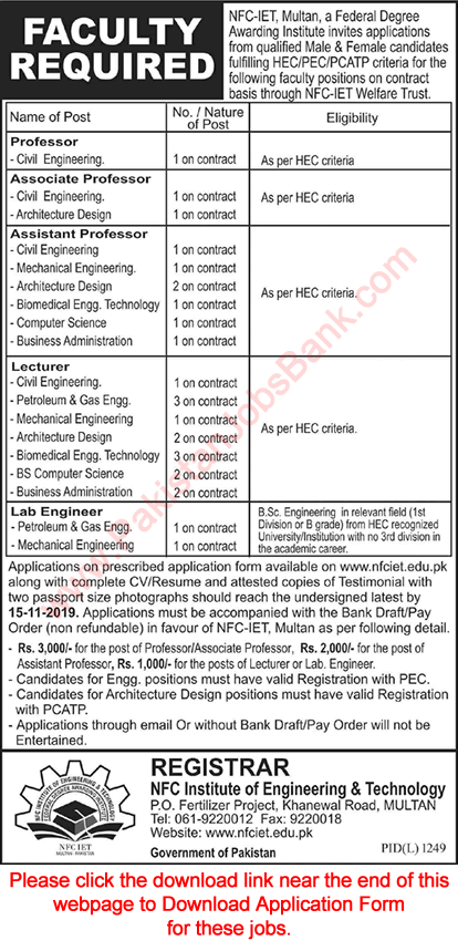 NFC IET Multan Jobs 2019 October / November Application Form Teaching Faculty & Lab Engineers Latest