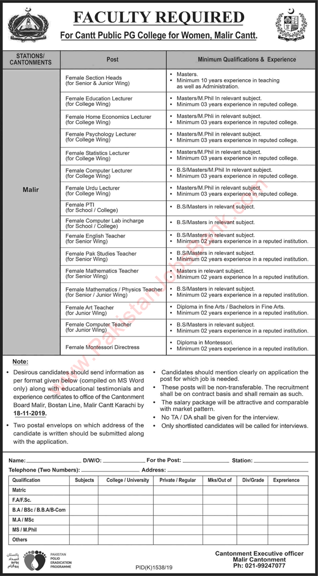 Cantt Public PG College for Women Malir Jobs 2019 October Karachi Teachers, Lecturers & Others Latest