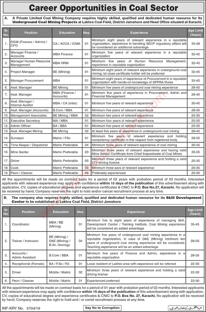 PO Box 27 Karachi Jobs 2019 November Coal Mining Company Latest Advertisement