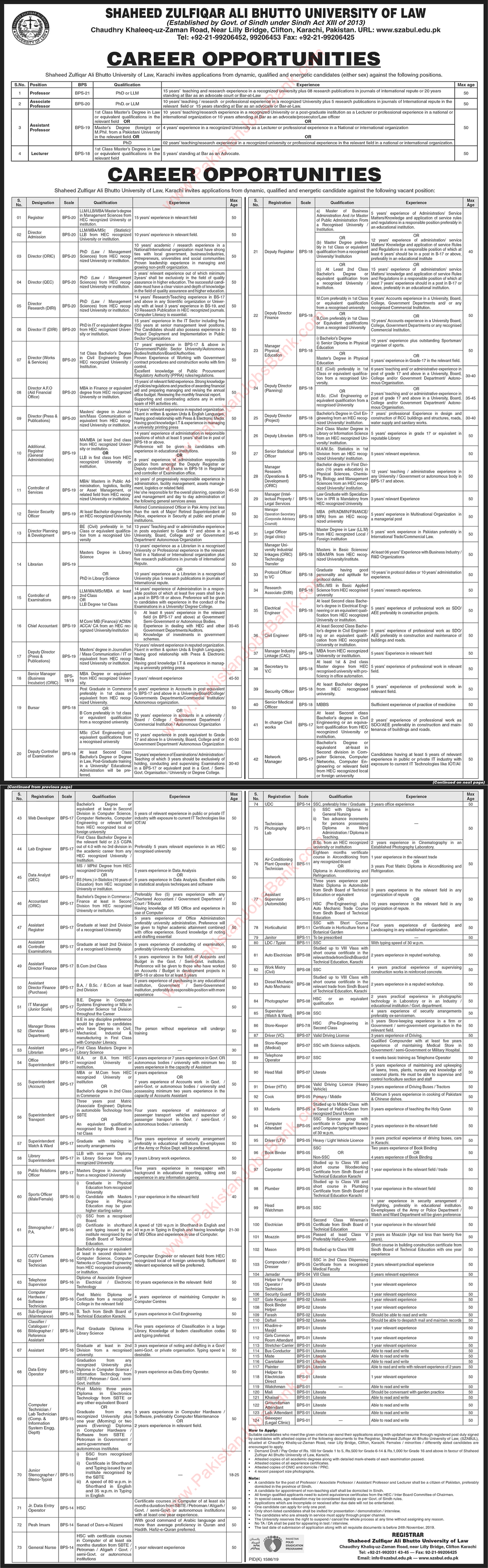 Shaheed Zulfiqar Ali Bhutto University of Law Karachi Jobs 2019 November SZABUL Latest