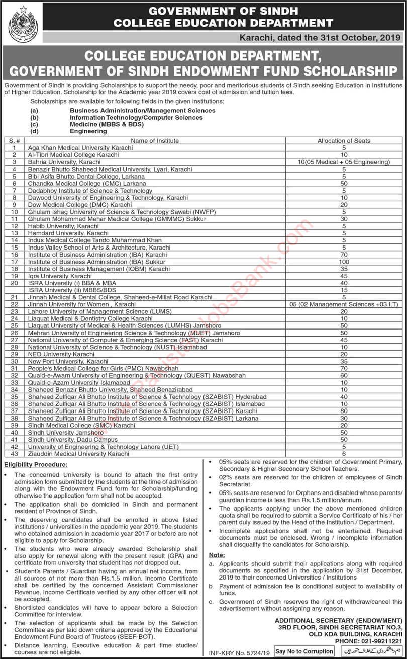 Sindh Educational Endowment Fund Scholarships 2019 November College Education Department Latest